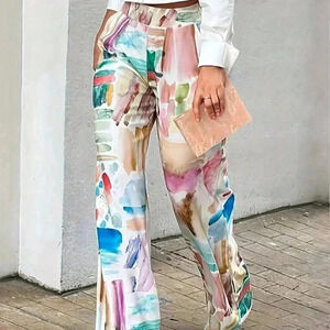 Multicolor Casual Women's All-Over Print Knitted Straight-Leg Pants